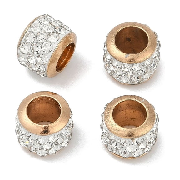 100pcs Alloy Rhinestone Clay Pave Beads Barrel Light Gold 8.5x7mm Hole: 4.9mm