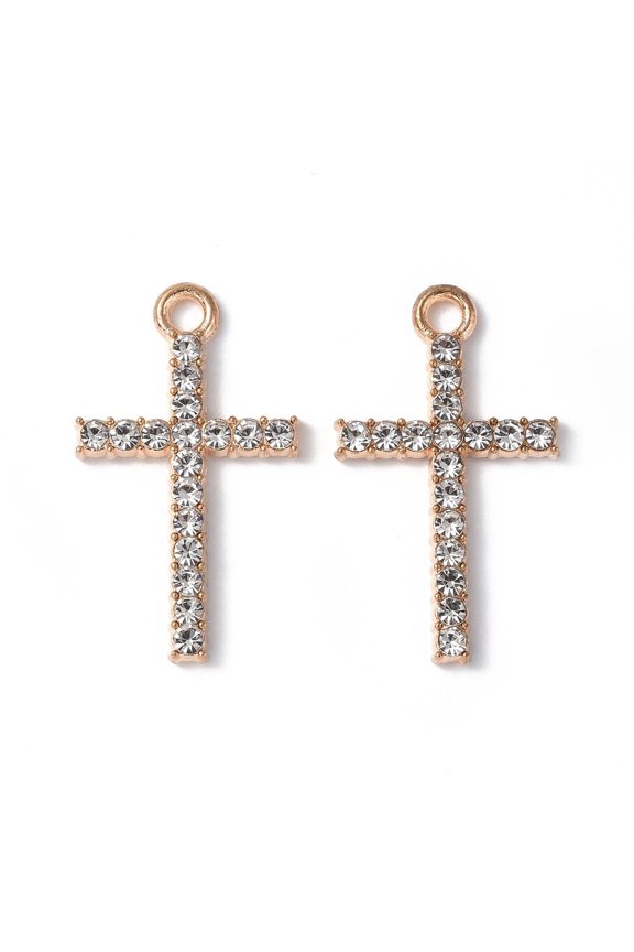 100pcs Alloy Rhinestone Pendants Cross Cadmium Free & Lead Free Light golden 25.5x15x2mm Hole: 2mm