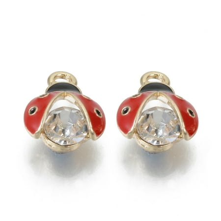 100pcs Alloy Rhinestones Enamel Pendants Cadmium Free & Lead Free Ladybug Light golden Red 15x11.5x7mm Hole: 2mm