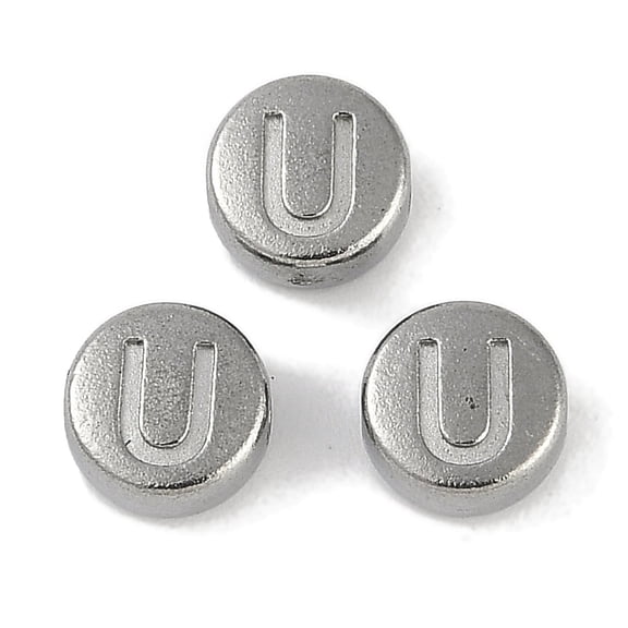 100pcs Anti-Tarnish 304 Stainless Steel Beads Flat Round with Letter Stainless Steel color Letter U 7x3.8mm Hole: 1.8mm