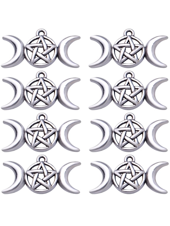 100pcs Antique Silver Pentagram Moon Charms Tibetan Alloy Triple Moon Goddess Pendants Pentacle Crescent Dangle Charms for DIY Necklace Bracelet Crafts Jewelry Making