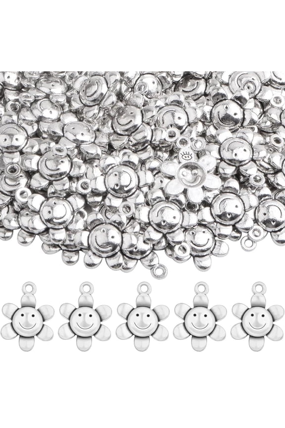100pcs Antique Silver Smiley Sunflower Charms Alloy Sun Flower Smile Face Dangle Pendants Jewelry Findings Accessories for DIY Bracelet Necklace Earrings Crafts Making