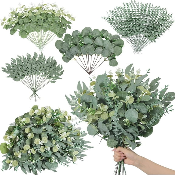 100pcs Artificial Mixed Eucalyptus Stems Leaves Bulk, 4Kinds Fake Greenery Silver Dollar Eucalyptus Leaves Picks,Faux Greenry Stems Sprays for DIY Bouquets Floral Arrangement Home Decor