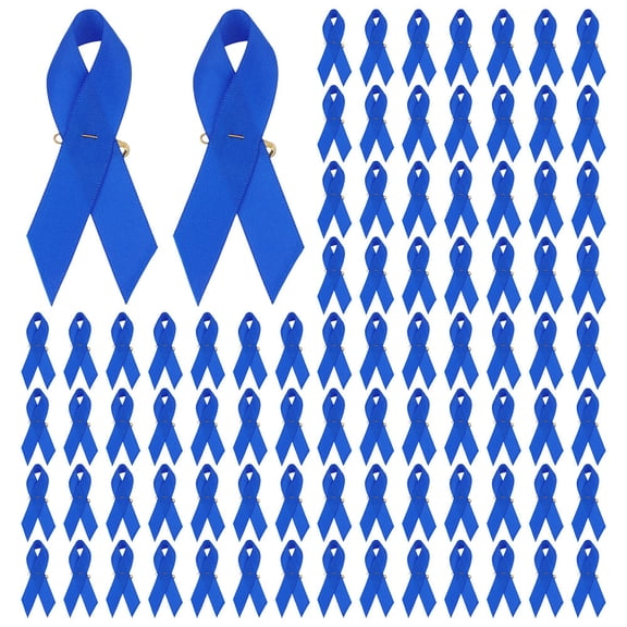 100pcs Awareness Ribbon Nylon Brooch with Golden Iron Safety Pins Blue 76x34x1mm