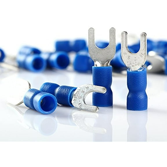 100pcs BLUE FORK SPADE TERMINAL 16-14GA #8 VINYL INSULATED CRIMP WIRE CONNECTOR