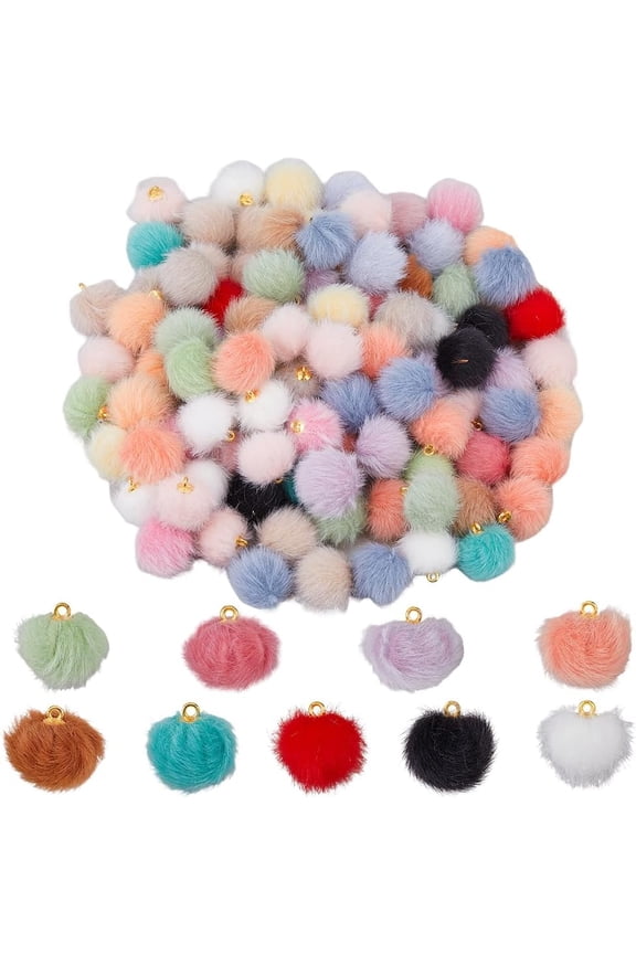 100pcs Ball Charms Colorful Fluffy Plush Balls with Tiny Loop Round Fur Fluffy Pendant Ball Charms for Keychain Earring Necklace Pink