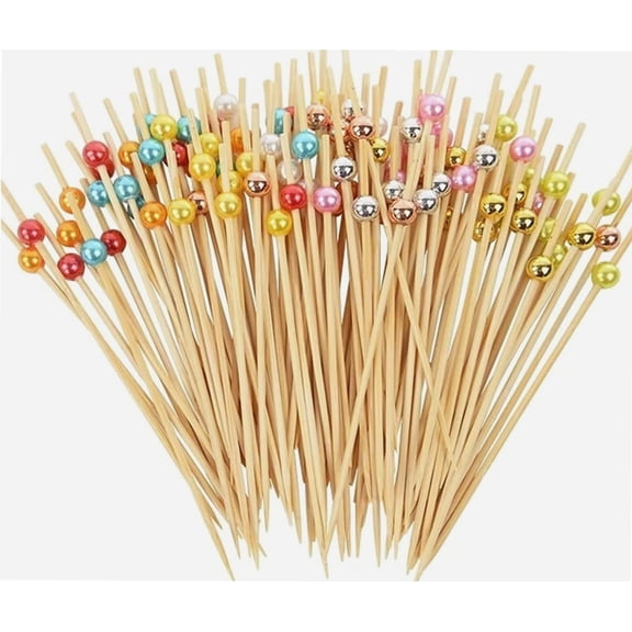 100pcs Bamboo Cocktail Picks, 4.7 Inch Multicolor Pearl Cocktail Toothpicks Decorative Food Picks for Appetizers Fruit Party