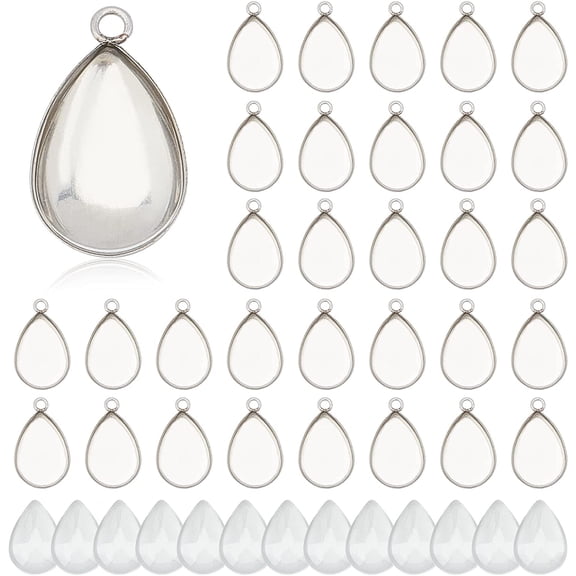 100pcs Bezel Pendant Blanks- 50pcs Drop Pendant Trays Photo Charms Cabochons Blanks with 50pcs Glass Cabochons Clear Dome for Wedding Bouquet Graduation Cap Jewelry Making 0.69x0.4inch diy