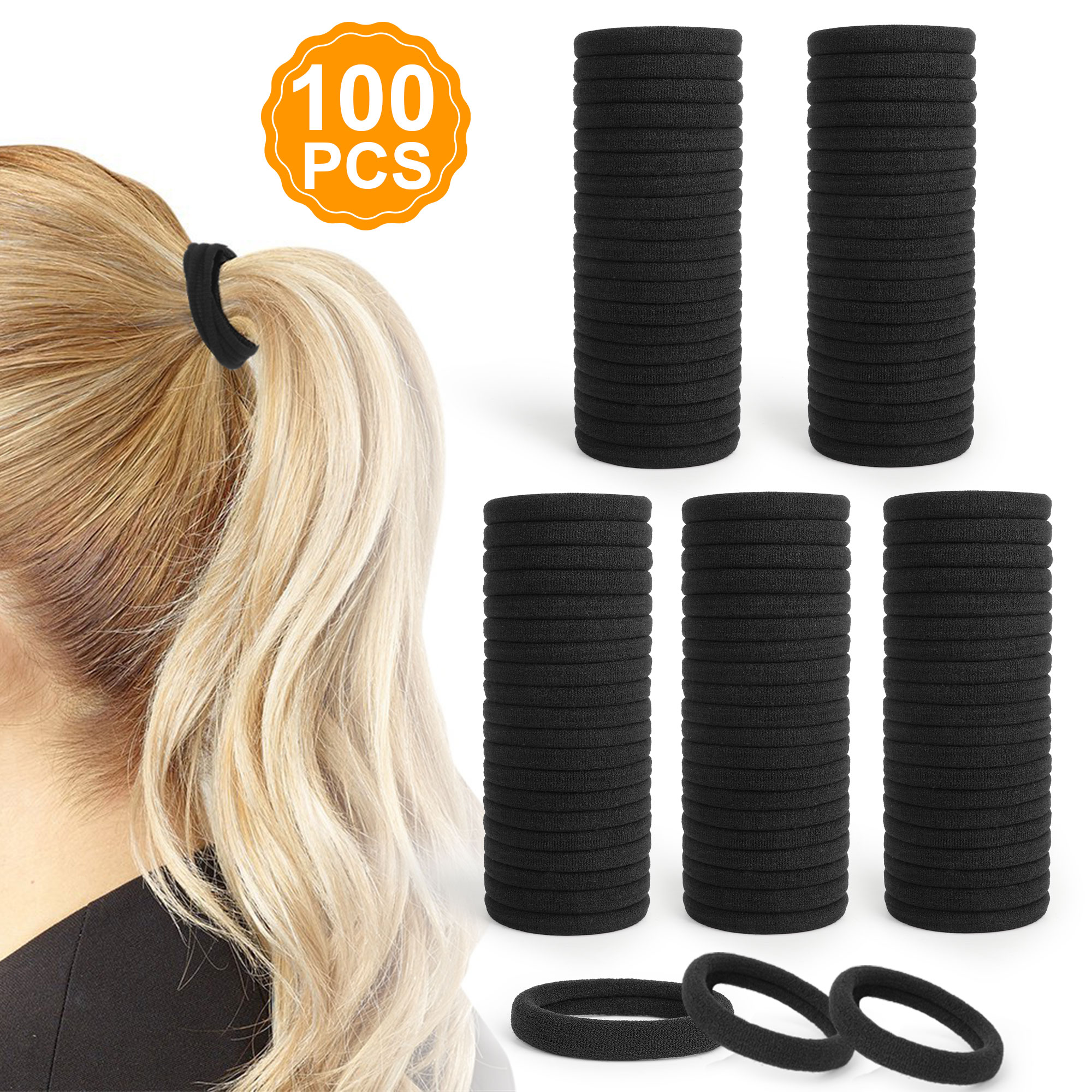 100pcs Black Hair Ties for Women Girls, TSV Seamless Thick Black Hair Bands, Elastic Stretchy Hair Ties, No Damage Ponytail Holder for Thick Heavy and Curly Hair, 1.58inch - image 1 of 9