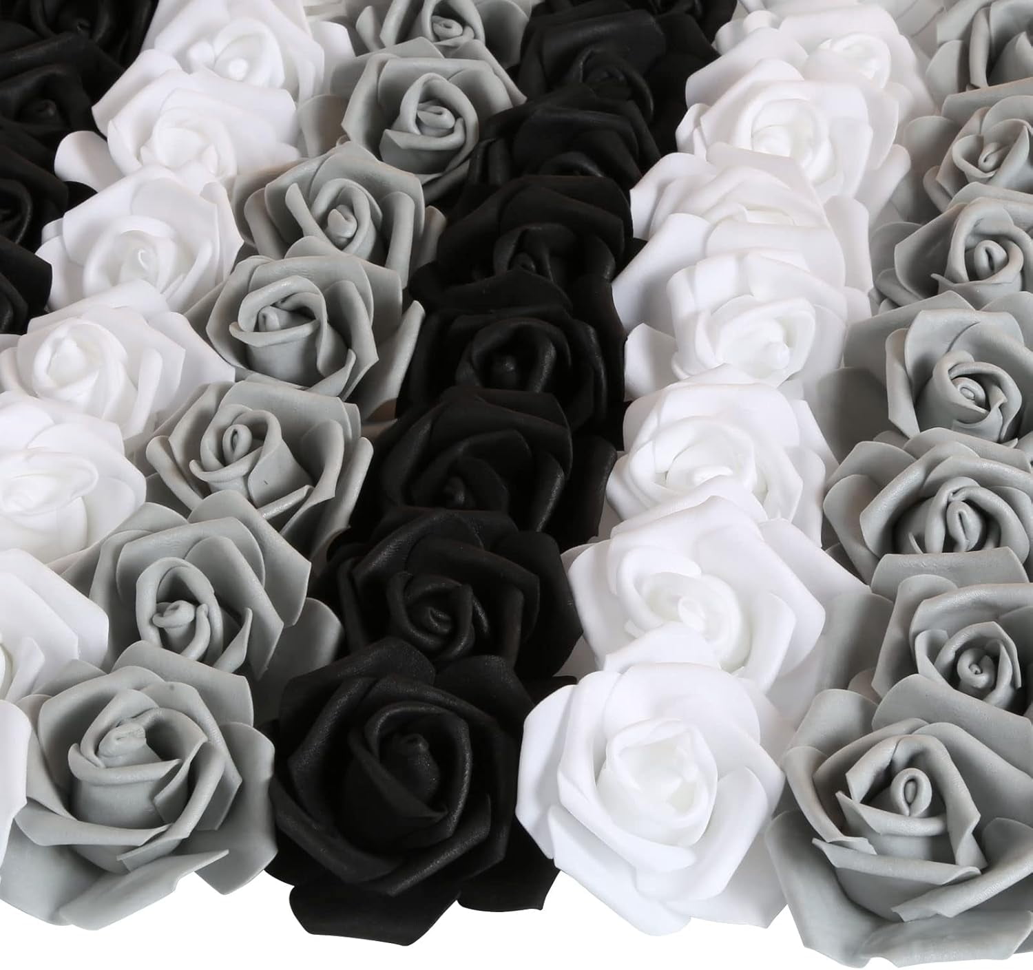 100pcs Black Roses Artificial Flowers,3inch White Foam Fake Rose Heads Stemless Gray Faux Flowers Bulk for DIY Crafts,Cake Wedding,Baby Shower Centerpieces Decor(Black,White,Gray)
