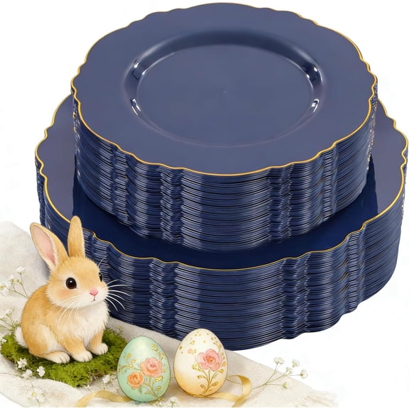 100pcs Blue Plastic Plates - Baroque Blue&Gold Disposable Plates for Parties/Wedding-50Plastic Dinner Plates 10.25in, 50Salad Plates 7.5in for Party/Birthday/Wedding/Passover/Easter