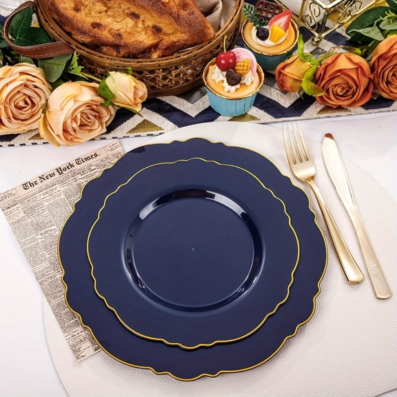 100pcs Blue Plastic Plates - Baroque Blue And Golden Disposable Plates - Includes 50 10.25-inch Plastic Dinner Plates And 50 7.5-inch Salad Plates - for High-End Parties And Weddings.