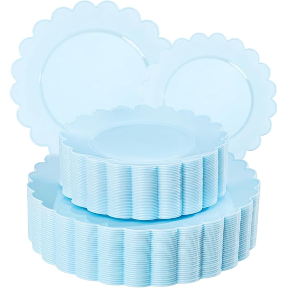 100pcs Blue Scalloped Plastic Plates-Blue Disposable Plates Heavy Duty-Disposable Plate Set for Party Wedding-Include 50 Plastic Dinner & Dessert Plate Perfect for Thanksgiving,Christmas