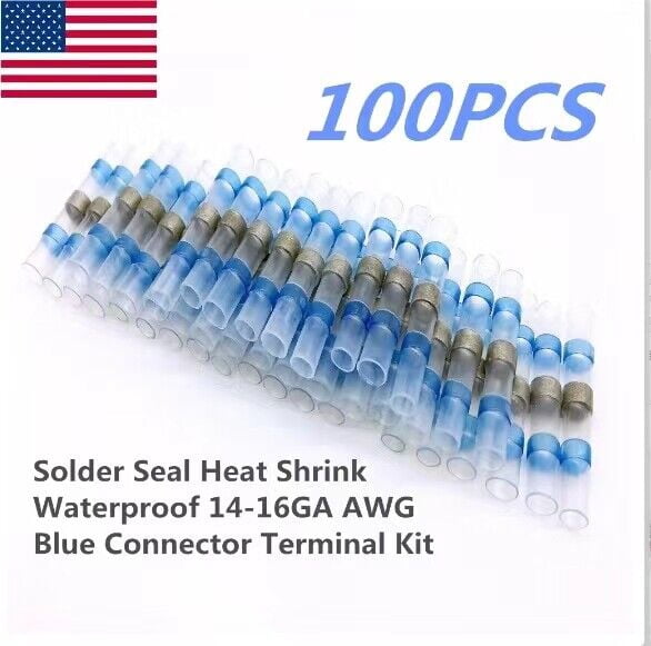 Sopoby 100-Pack Solder Seal Heat Shrink Butt Connectors – 16-14 AWG, Blue, Waterproof, Marine & Automotive Wire Terminals