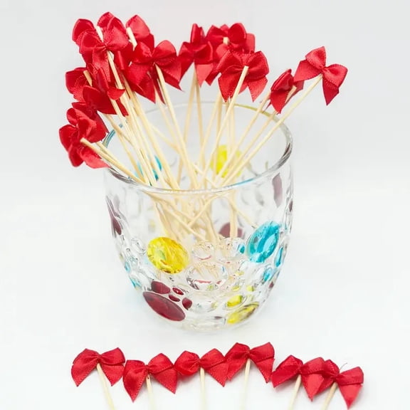 100pcs Bow Roostertail Picks for Appetizers,Long Toothpicks Ribbon Bow Bamboo Roostertail Toothpicks Food Picks Bulk for Fruit Drink Dessert Wedding Christmas Birthday Food Party Supplies