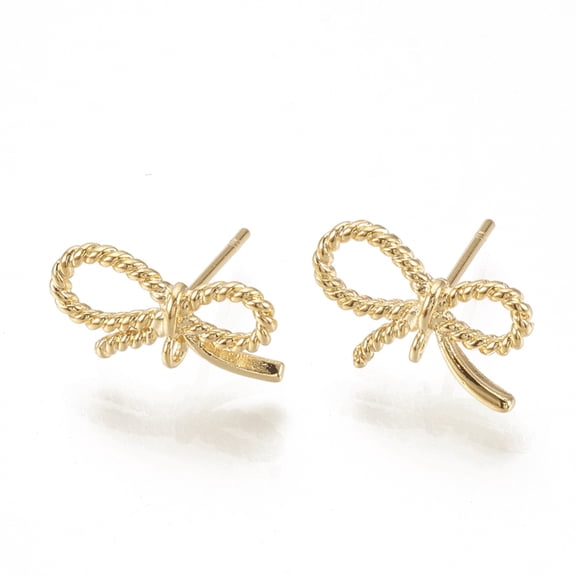 100pcs Brass Stud Earrings with Loop Bowknot Nickel Free Real 18K golden Plated 14x9mm Hole: 1mm pin: 0.7mm