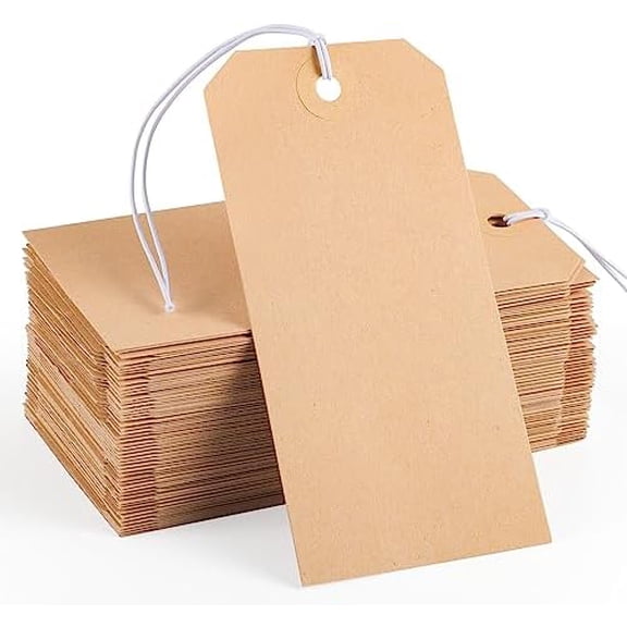 100pcs Brown Paper Shipping Tags with Elastic Rope Large Marking Hanging Paper Tags Attached Reinforced Hole Writable Price Tag Inventory Gift Tag 4.76'' x 2.36''