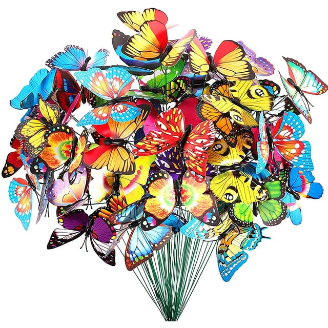 100pcs Butterfly Stakes, Outdoor Yard Planter Flower Pot Bed Garden Ornaments Decor Holiday Decorations, Multicolor Butterfly Stake Plant Stakes, Fairy Butterfly Accessories Gift, PVC, 9.8"