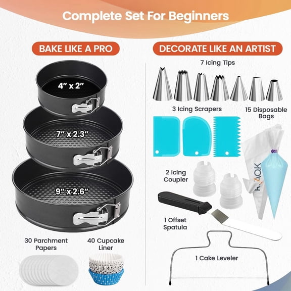 100pcs Cake Pan Sets for Baking + Cake Decorating Supplies: 3 Non-Stick Springform Pans Set (4, 7, 9 inches), Icing Tips, Cake Leveler Multi-functional Leak-Proof CheeseCake Pan & eBook