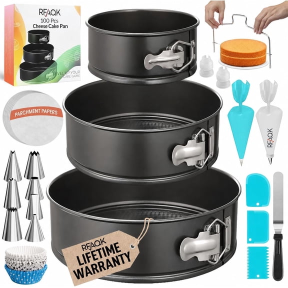 100pcs Cake Pan Sets for Baking + Cake Decorating Supplies: 3 Non-Stick Springform Pans Set (4, 7, 9 inches), Icing Tips, Cake Leveler Multi-functional Leak-Proof CheeseCake Pan & eBook