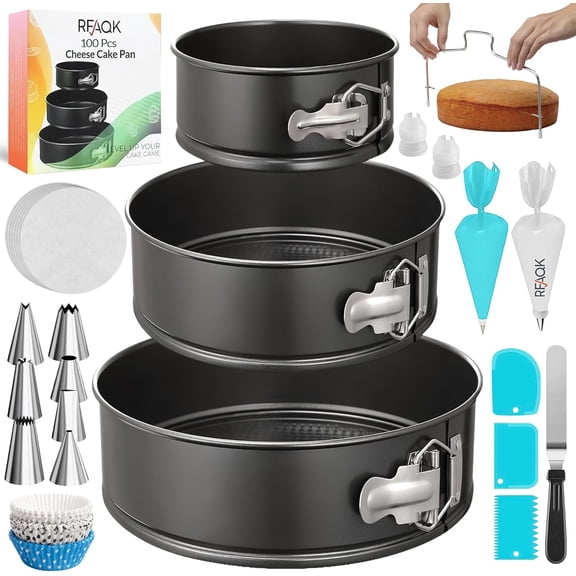100pcs Cake Pan Sets for Baking + Cake Decorating Supplies: 3 Non-Stick Springform Pans Set (4, 7, 9 inches), Icing Tips, Cake Leveler Multi-functional Leak-Proof CheeseCake Pan & eBook