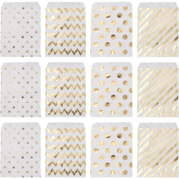 100pcs Candy Buffet Bags Stripe Paper Bags Polka Dot Paper Treat Bags for Wedding Birthday Celebration Party Food Packaging (White and Gold)
