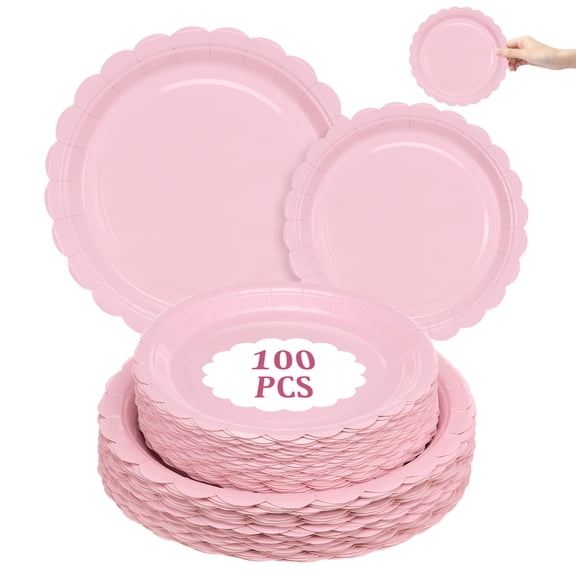 100pcs Christmas Scalloped Plastic Plates ，7 Inches and 8.8 Inches Pink Disposable Plates- Plastic Plate for Thanksgiving Dinner,Pretty Party Plate Perfect for Wedding Birthday