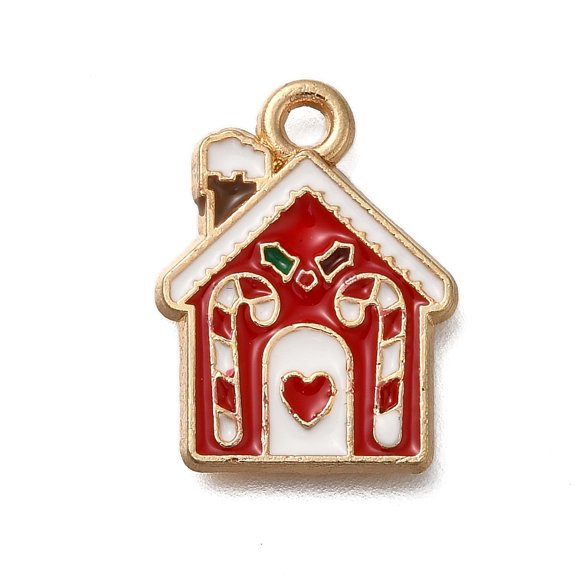 100pcs Christmas Theme Alloy Enamel Pendants House with Cane Charm Golden Red 17.5x13x1mm Hole: 1.6mm