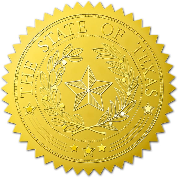 100pcs City Theme Embossed Gold Foil Seals 5cm the State of Texas Self Adhesive Embossed Stickers Decoration Labels for Envelopes Diplomas Certificates Awards Graduation