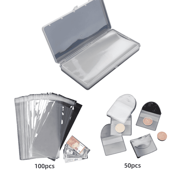 100pcs Clear Currency Sleeves, 50Pcs Coin Holder for Collectors, Bill Holder, Dollar Bill Holder with Storage Box, Paper Money Sleeves Protector for Banknotes Album Bill Stamp
