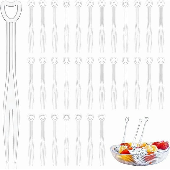 100pcs Clear Heart-Shaped Fruit Forks, Double Prongs, For Bars, Restaurants, Household