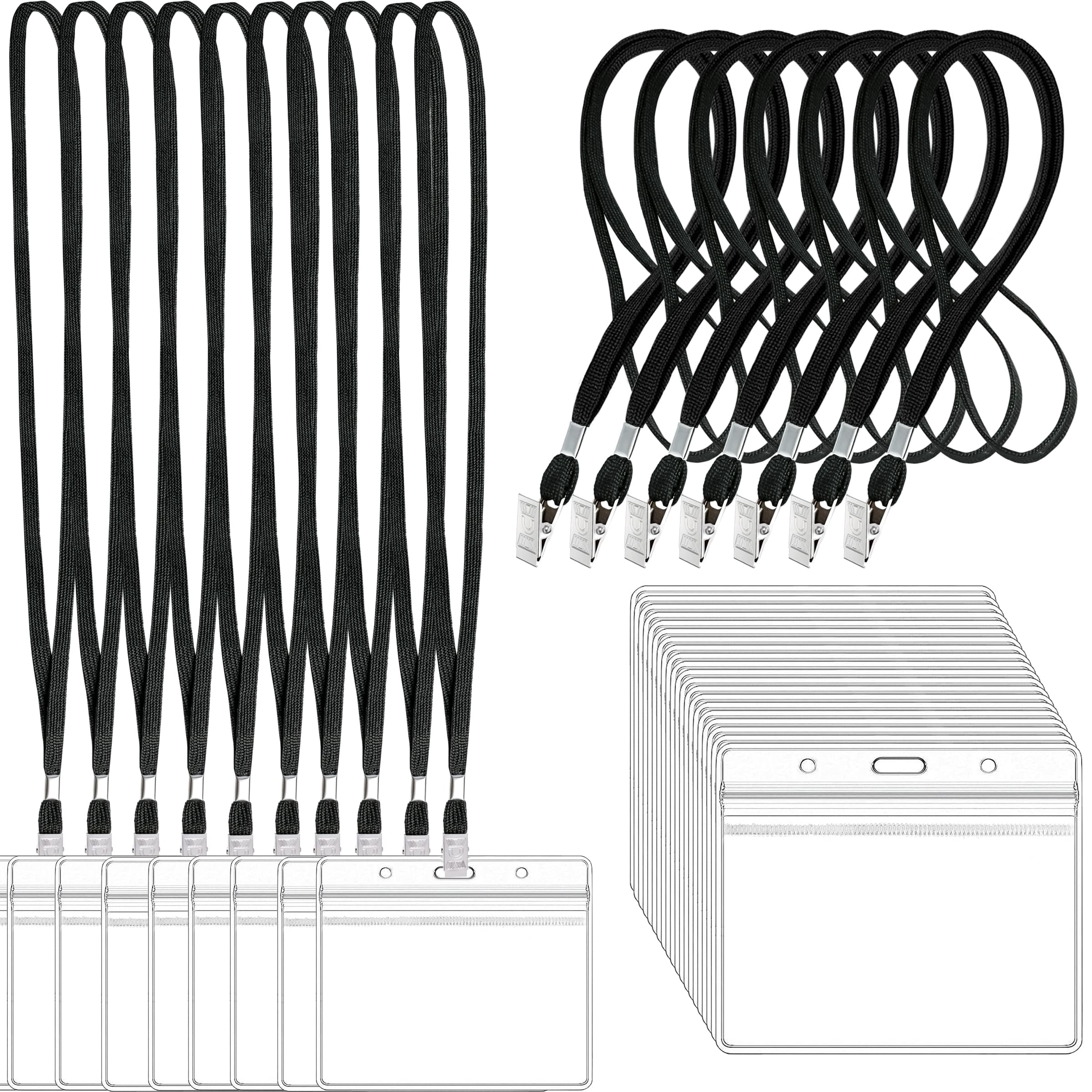 100pcs Clear Plastic Horizontal Name Tags Badge Id Card Holders And Black Lanyards With Clip For Badges (black)
