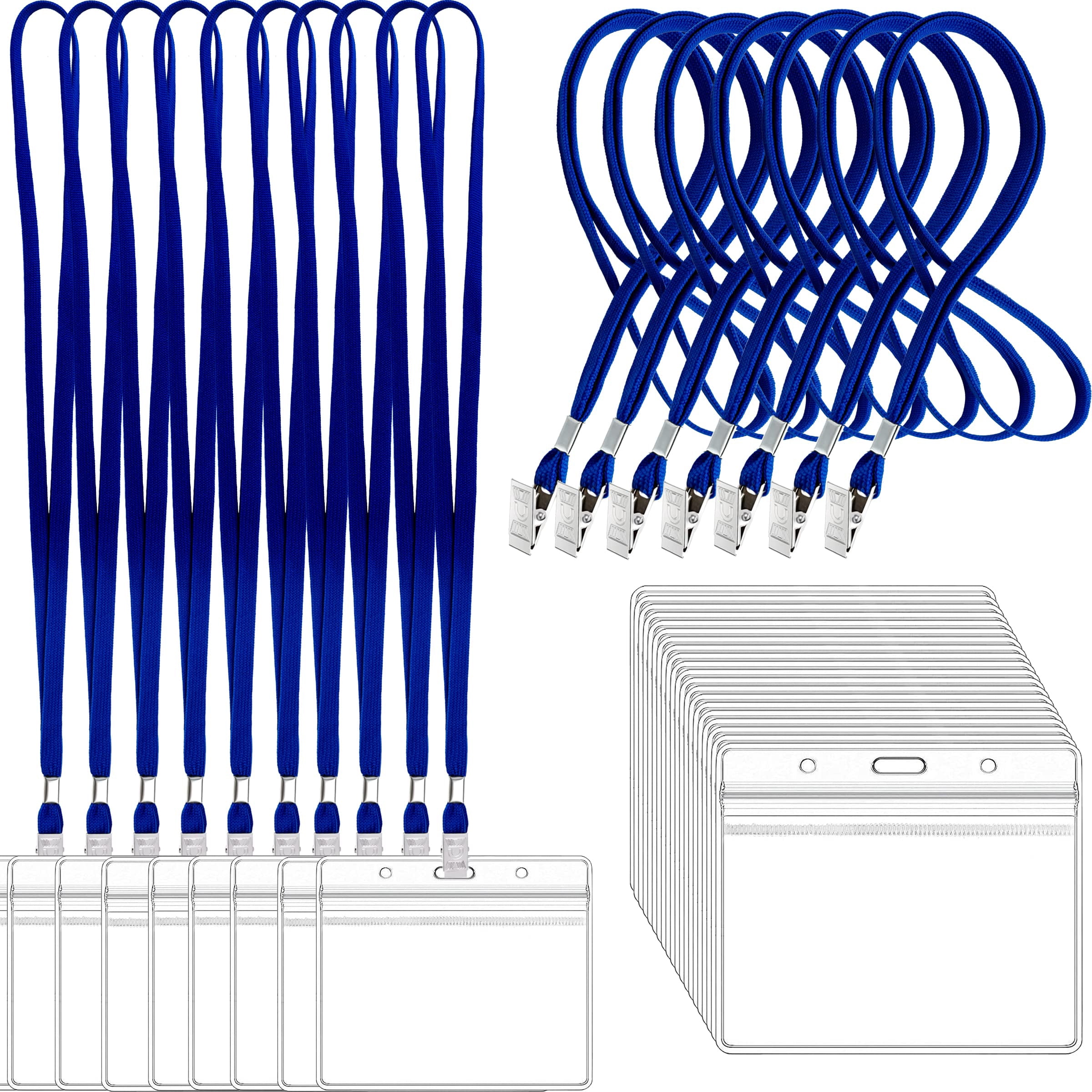 100pcs Clear Plastic Horizontal Name Tags Badge Id Card Holders And Lanyards With Clip (blue)