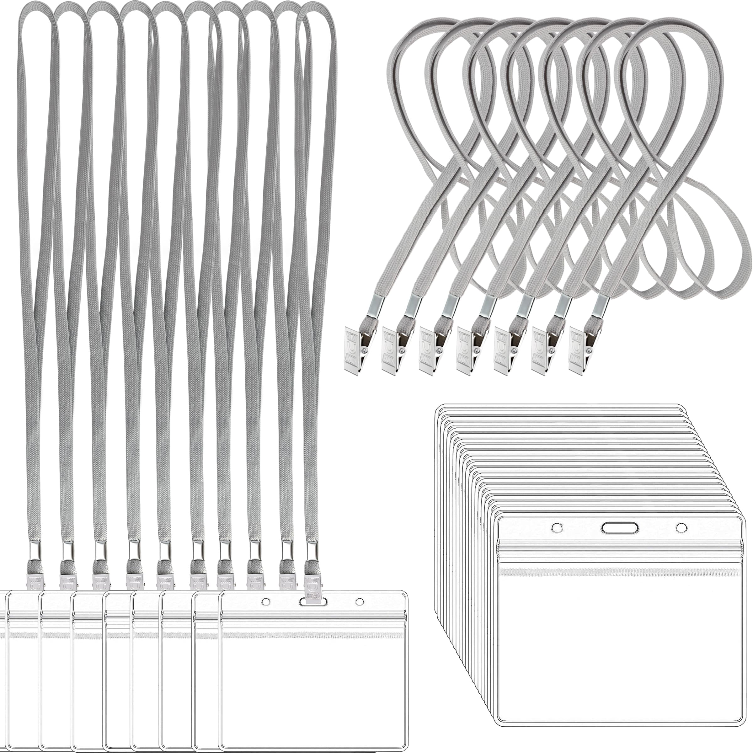 100pcs Clear Plastic Horizontal Name Tags Badge Id Card Holders And Lanyards With Clip (grey)