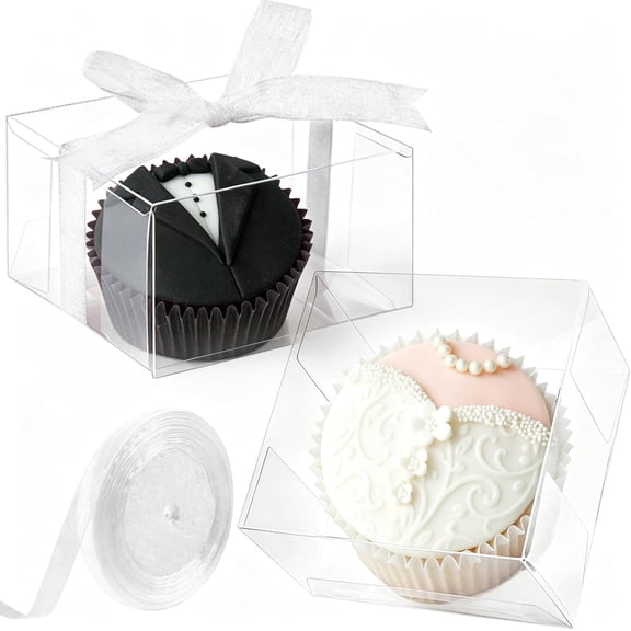 100pcs Clear Single Chocolate Covered Cookies Macaron Box for Wedding Favors Baby Shower 2.17"×2.17"×1.38" Inch, Party Favor Box with Ribbons for Candy Chocolate Mooncake