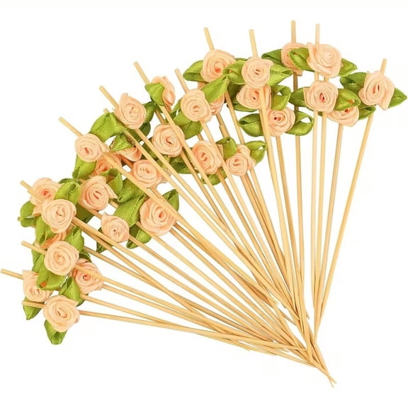 100pcs Colorful Rose Flower Cocktail Picks 4.7 Inch, Fancy Toothpicks for Appetizers Handmade Bamboo Appetizer Fruit Skewers Food Picks for Wedding Valentines Holiday Party Food Fruit Decoration