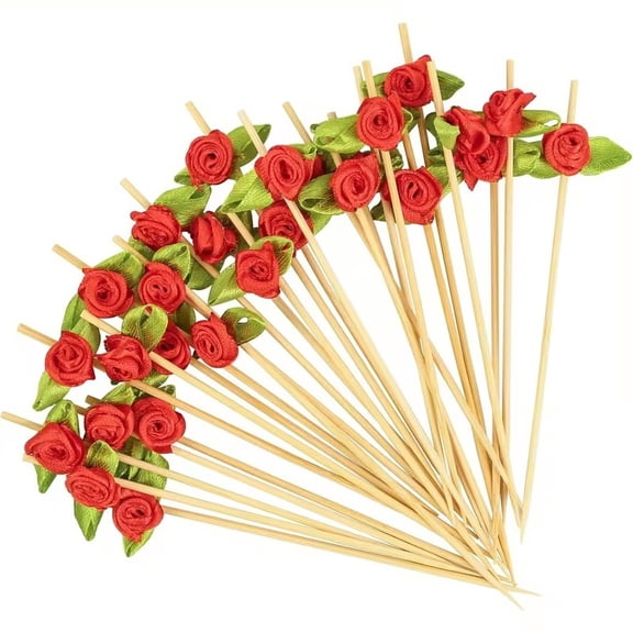 100pcs Colorful Rose Flower Cocktail Picks - Eco-Friendly Bamboo Toothpicks for Appetizers, Weddings, Valentine's Day, and Holiday Parties