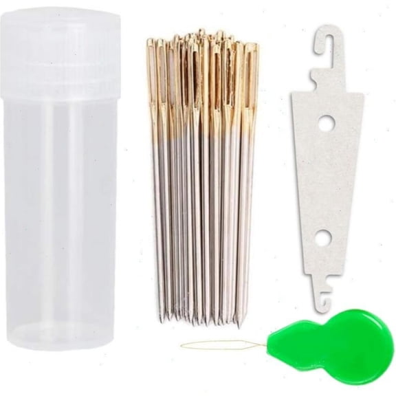 100pcs Cross Stitch Needles +2 Needle Threader Golden Color Large Eyes Cross Stitch DIY Embroidery Hand Needles Sewing Needles in Transparent Box