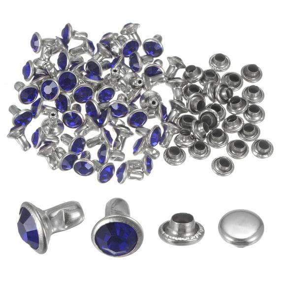 100pcs Crystal Rivets 6mm Rhinestone Rivets Rapid Stud Rivets for Clothing Leather Crafting, Dark Blue
