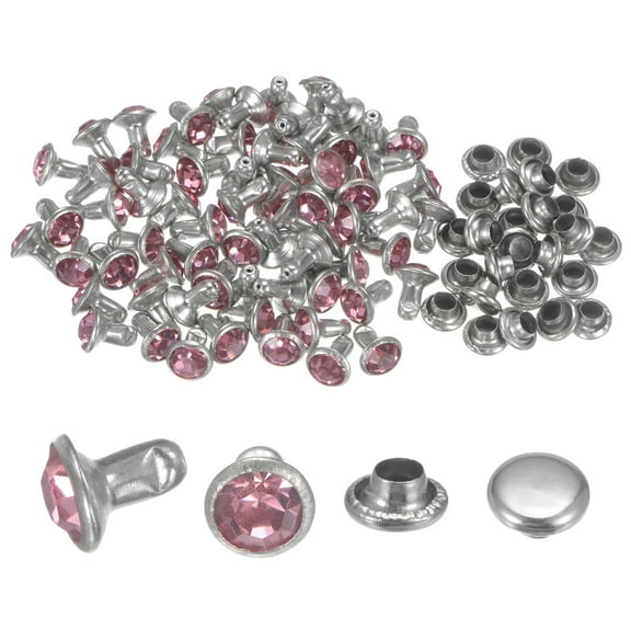 100pcs Crystal Rivets 6mm Rhinestone Rivets Rapid Stud Rivets for Clothing Leather Crafting, Pink