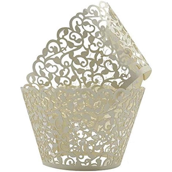 100pcs Cupcake Wrappers Artistic Bake Cake Paper Cups Little Vine Lace Laser Cut Liner Baking Cup Muffin Case Trays for Wedding Party Birthday Decoration (Beige)