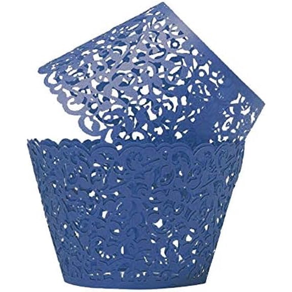100pcs Cupcake Wrappers Artistic Bake Cake Paper Cups Little Vine Lace Laser Cut Liner Baking Cup Muffin Case Trays for Wedding Party Birthday Decoration (Navy Blue)
