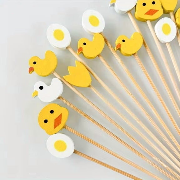 100pcs Cute Duck & Egg Cartoon Bamboo Skewers - Colorful Disposable Fruit Picks for Parties, Weddings, Birthdays, Easter, and More