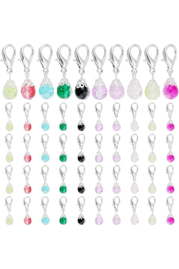 100pcs Dangle Glass Beads Pendant 10 Color Crackle Glass Charms for Keychains Jewelry Making Crafts Purse Decoration With Lobster Clasp Colorful