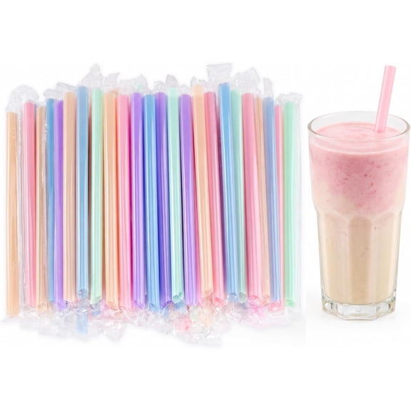 100pcs Disposable Plastic Smoothie Boba Straws, 9.45" Long 0.43" Wide Colorful Jumbo Straws for Milkshake Bubble Tea Lemonade Milk Coffee, Individually Wrapped, Pastel