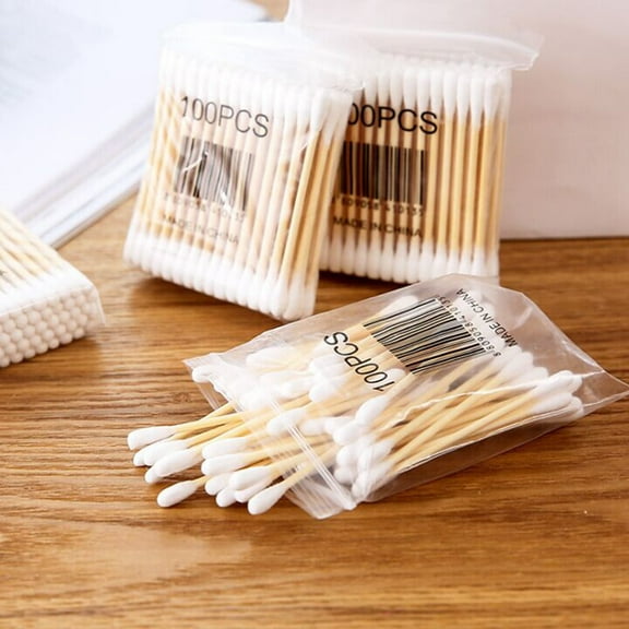 100pcs Double Ended Cotton Swabs - Premium Wooden Stick Qtips for First Aid, Makeup, Baby Care & Crafts, Sanitary Hypoallergenic Swabs in Resealable Bag (6 Inch, 1 Pack)