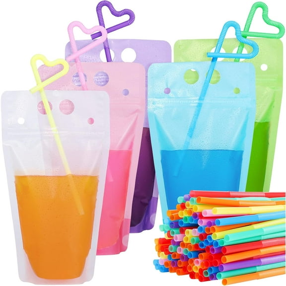 100pcs Drink Pouches, Drink Pouches for Adults Alcohol, Colorful Juice Pouches with Straws, Pouches for Drinks for Adults Drink Bags for Smoothies Juices Stand Up Liquid Pouches 16oz Colorful