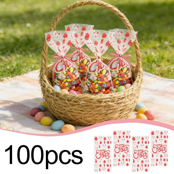 100pcs Easter Cellophane Treat Bags with 110pcs Gold Twist Ties, Easter Egg Bunny Colorful Plastic Cello Candy Sweet Gift Chick Flower Bags for Party Table Decor, 13 Designs