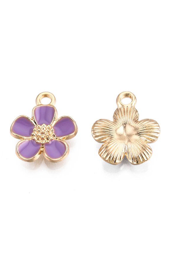100pcs Eco-Friendly Zinc Alloy Pendants with Enamel Cadmium Free & Nickel Free & Lead Free 5- Petal Flower Light golden Lilac 16x13x3mm Hole: 1.8mm