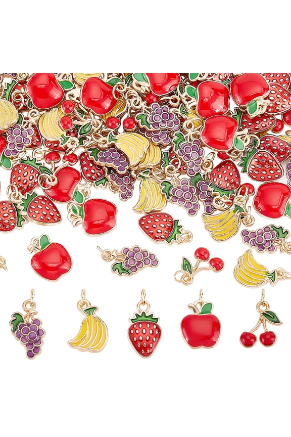 100pcs Enamel Fruit Charms Pendants Golden Alloy Pendants Banana/Apples/Strawberry/Grape/Cherry Craft Pendant Themed Metal Charms for DIY Necklace Bracelet Jewellery Making